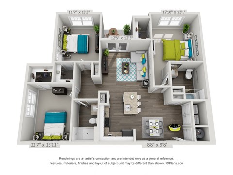 Floor plan for 3 beds, 2 baths, 1258 sqft